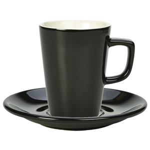 Royal Genware Black Latte Mug and Black Saucer 12oz / 340ml (Pack of 6)